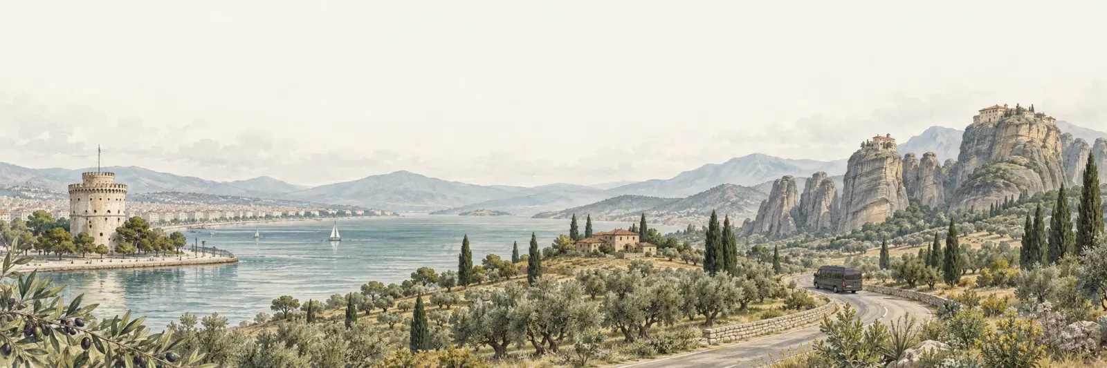 Εικονογραφημένο τοπίο της Βόρειας Ελλάδας με τον Λευκό Πύργο, τα Μετέωρα και ένα minibus σε ελικοειδή δρόμο.